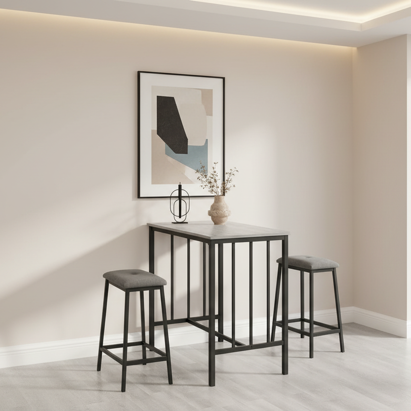 ENSEMBLE DE SALLE À MANGER - 3 PIÈCES HAUTEUR COMPTOIR / PLATEAU GRIS / MÉTAL NOIR 