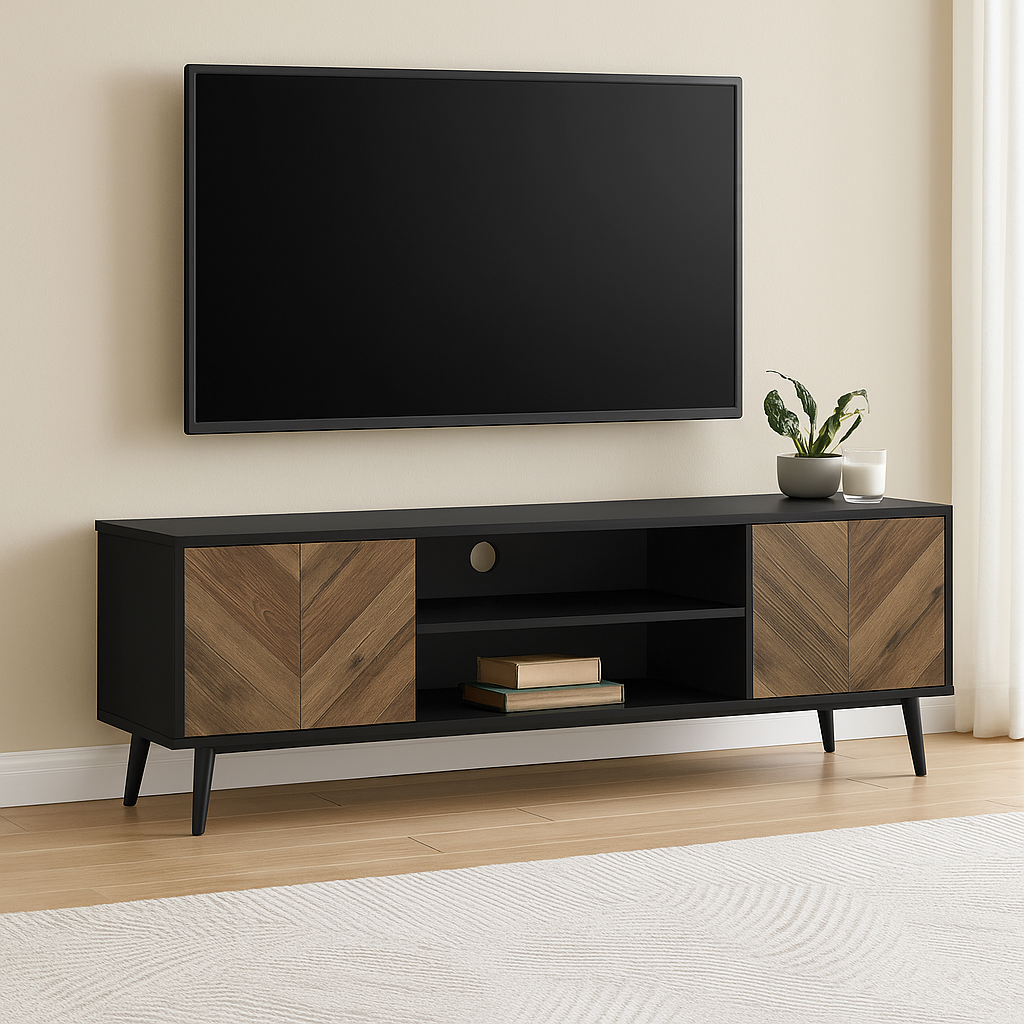 MEUBLE TV - 72"L / NOIR AVEC 2 PORTES ASPECT BOIS