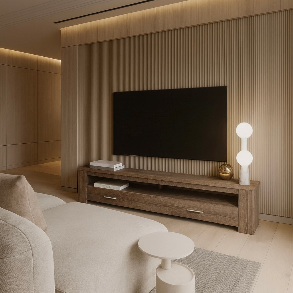 TV STAND - 48"L / DARK TAUPE WITH 2 STORAGE DRAWERS