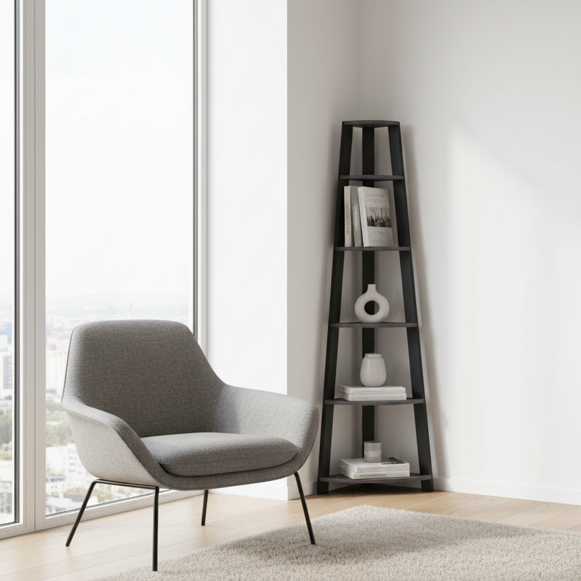 BOOKCASE - 72""H / INDUSTRIAL GREY CORNER ACCENT ETAGERE