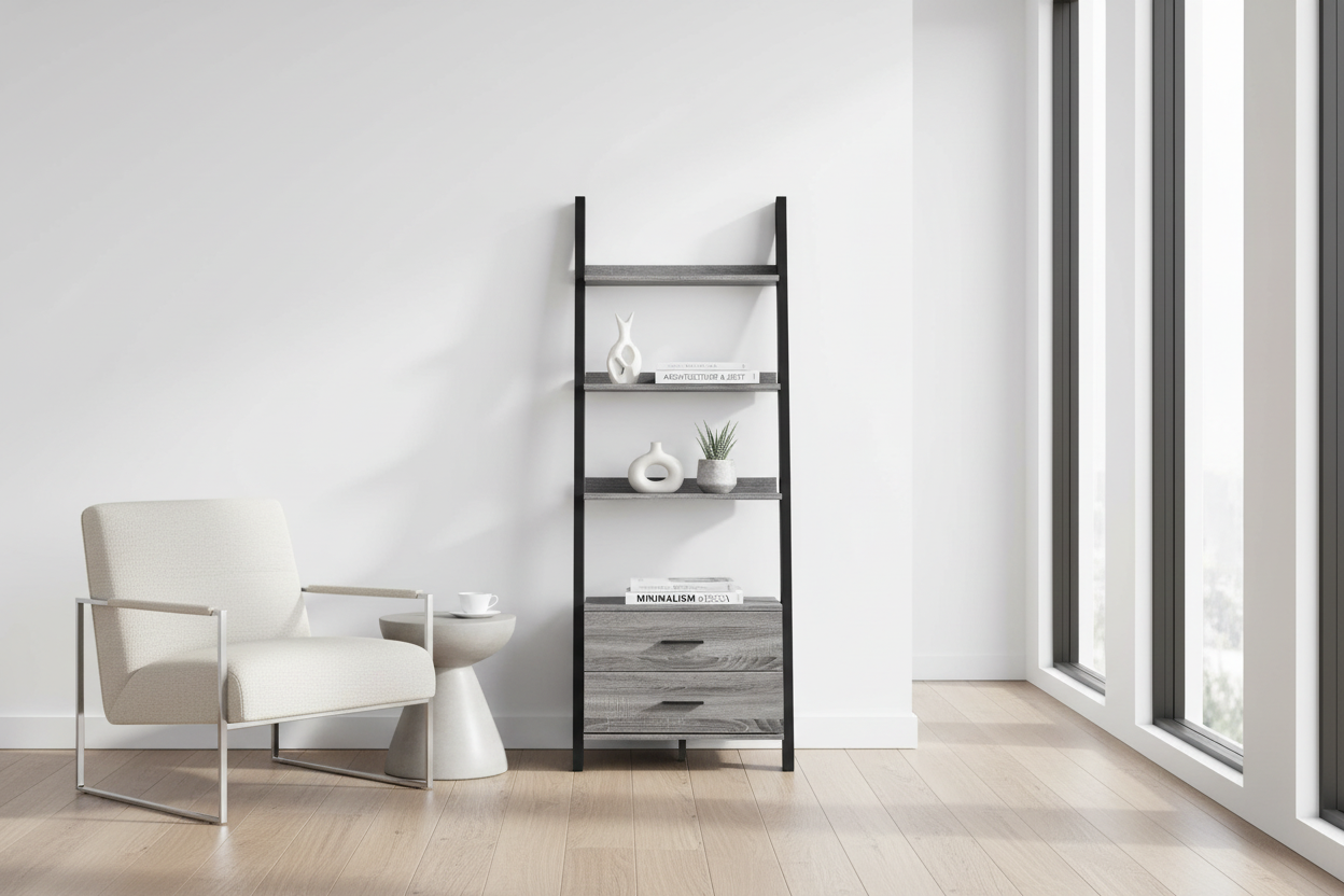 BOOKCASE - 69"H / ESPRESSO LADDER W/ 2 STORAGE DRAWERS