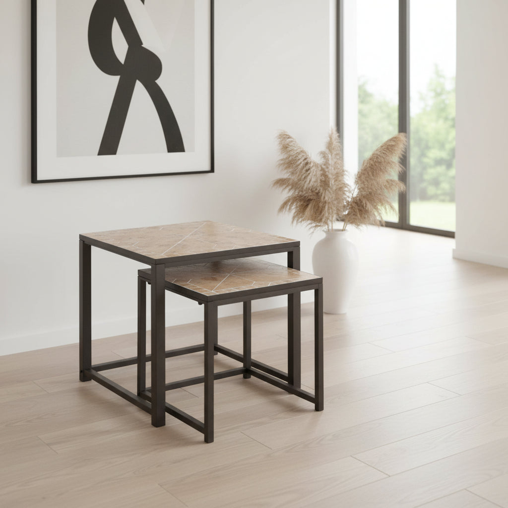 TABLES GIGOGNES - ENSEMBLE 2 PIÈCES / GRIS / PLATEAU CARREAUX BLEU / ARGENT