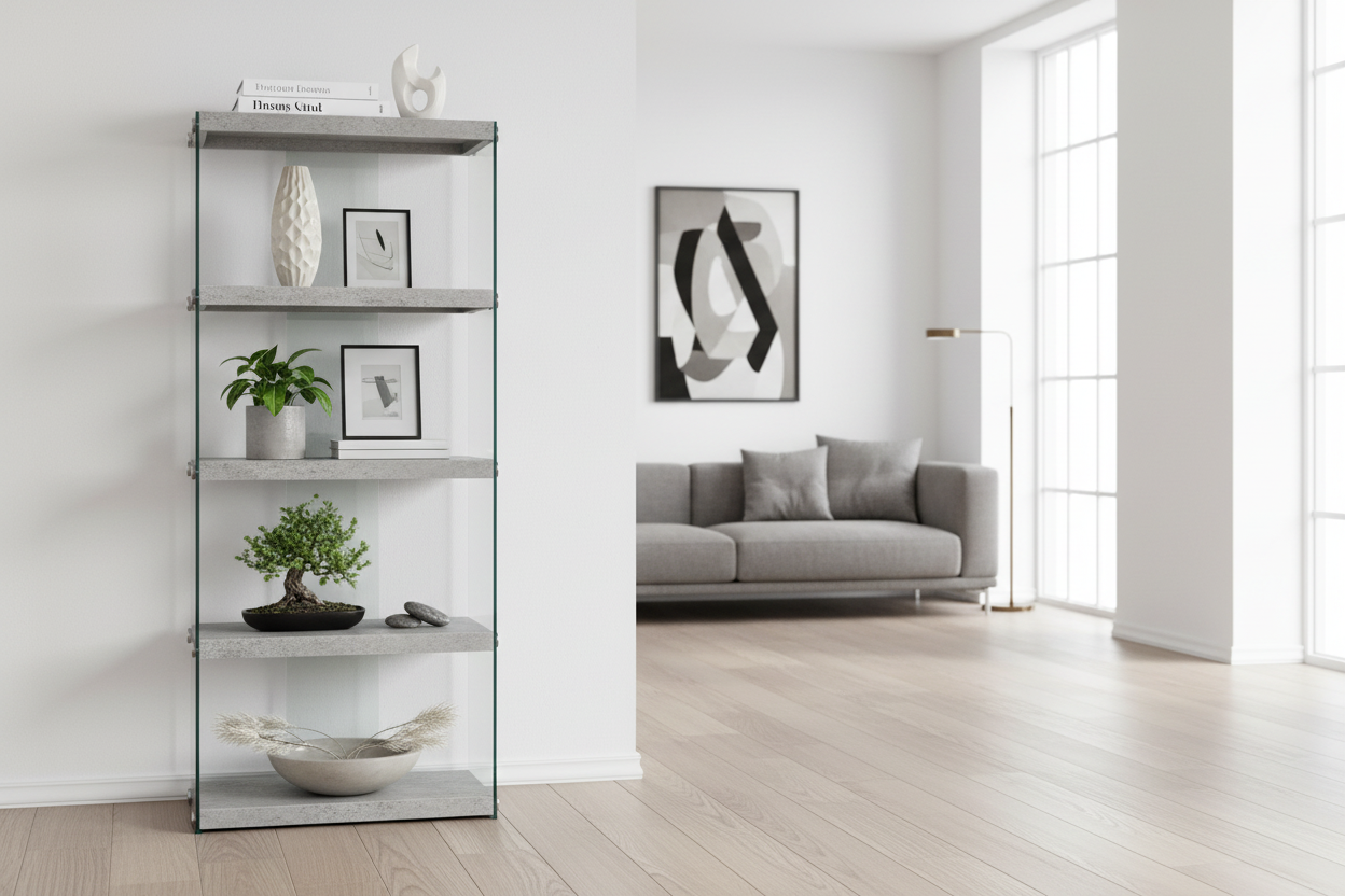 BOOKCASE - 60"H / DARK TAUPE WITH TEMPERED GLASS