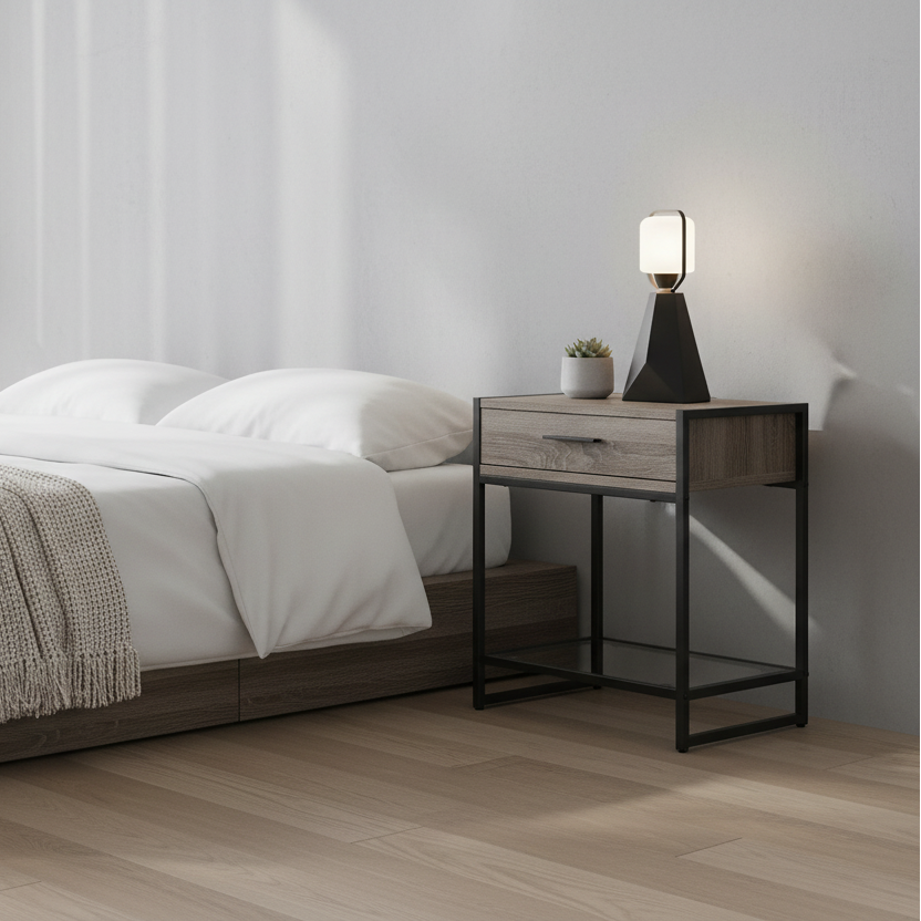 TABLE D'APPOINT - 22"H / GRIS / MÉTAL NOIR / VERRE TREMPÉ