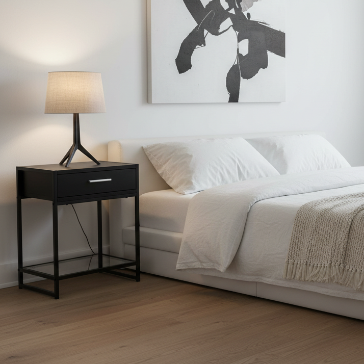 TABLE D'APPOINT - 22"H / GRIS / MÉTAL NOIR / VERRE TREMPÉ