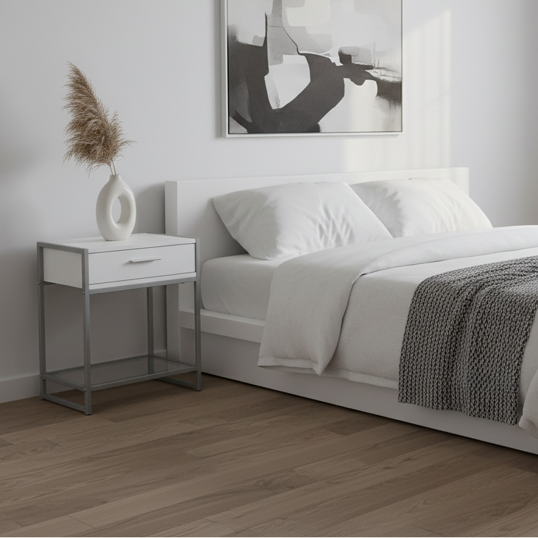 TABLE D'APPOINT - 22"H / GRIS / MÉTAL NOIR / VERRE TREMPÉ