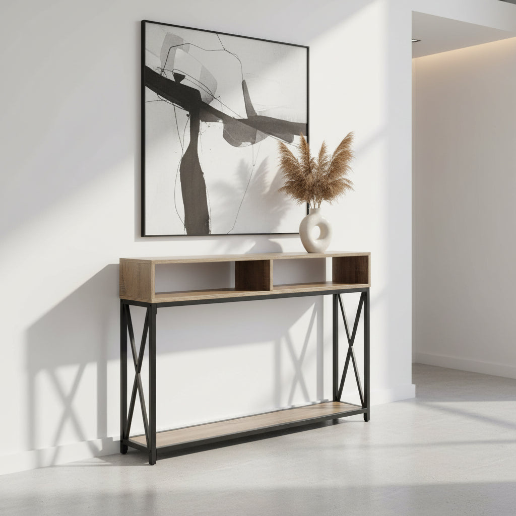 TABLE D'APPOINT - 48"L / CONSOLE D'ENTRÉE EN MÉTAL GRIS / NOIR