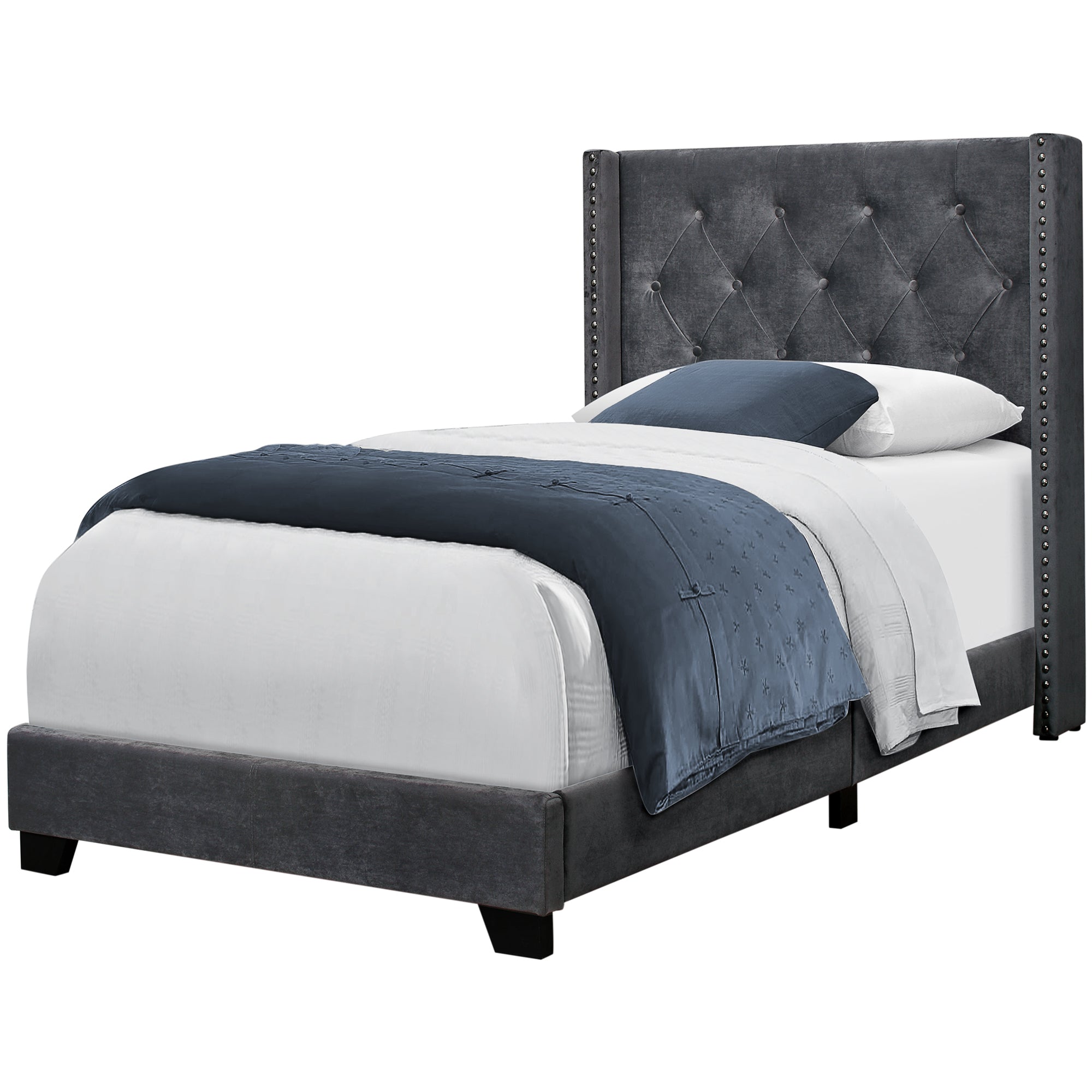 BED - TWIN SIZE / GREY LINEN WITH CHROME TRIM