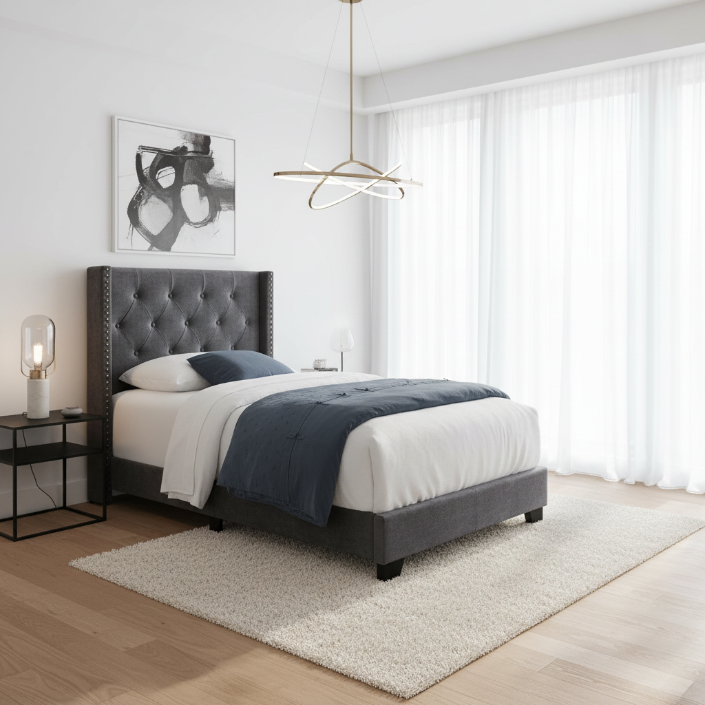 LIT - TAILLE SIMPLE / LIN GRIS AVEC BORDURE CHROMÉE