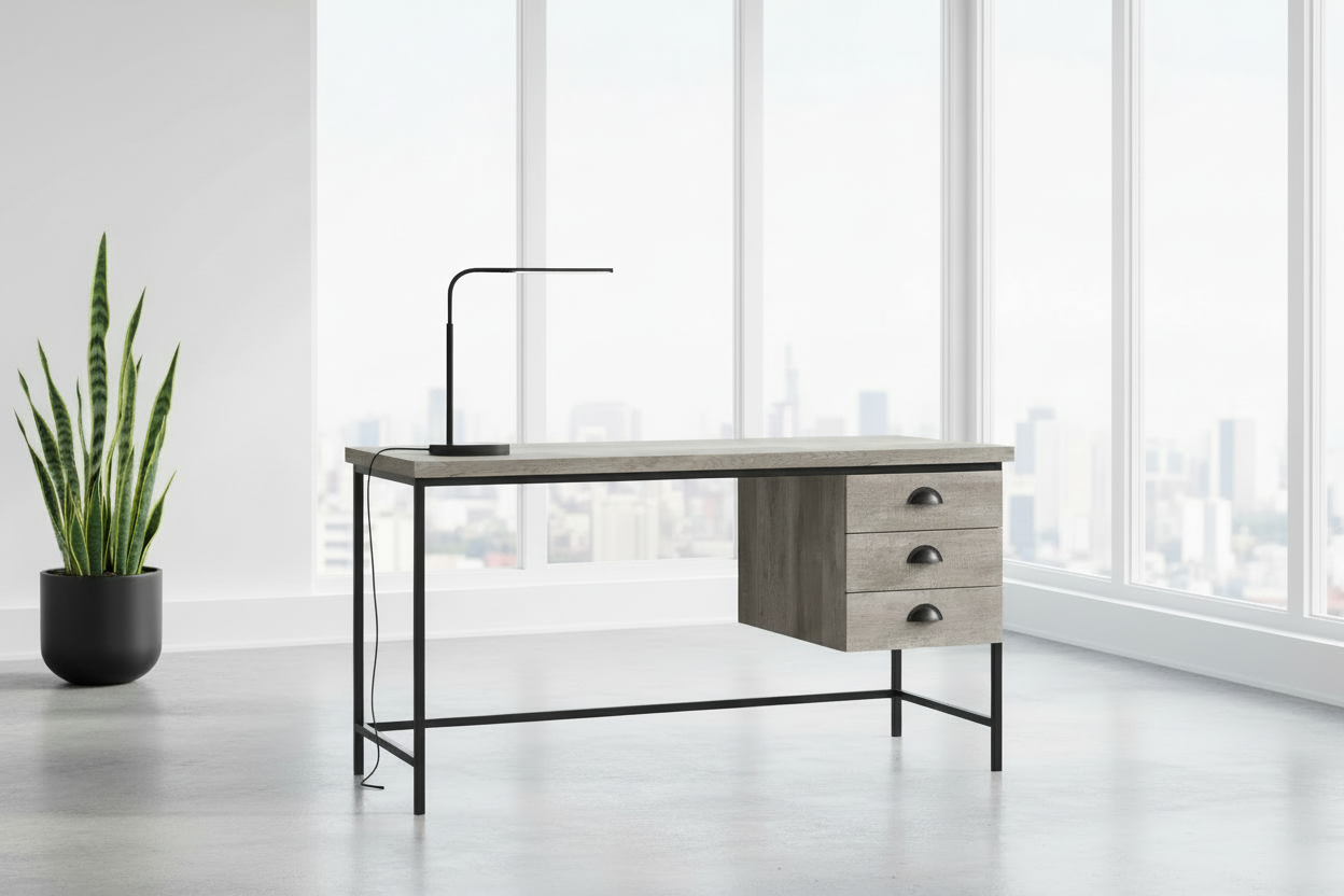 BUREAU D'ORDINATEUR - 55"L / BOIS RÉCUPÉRÉ BRUN / MÉTAL NOIR