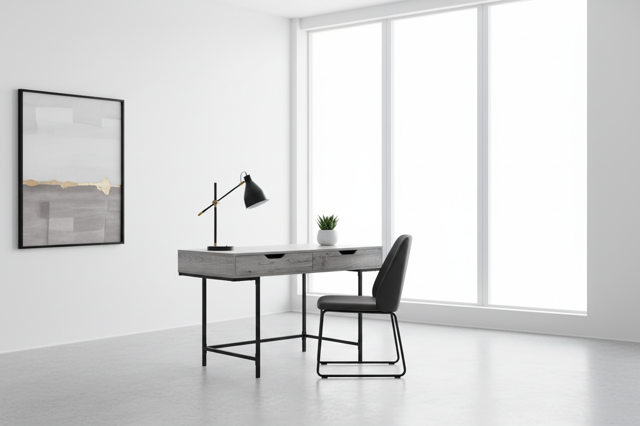 COMPUTER DESK - 48"L / BLACK MARBLE-LOOK / BLACK METAL