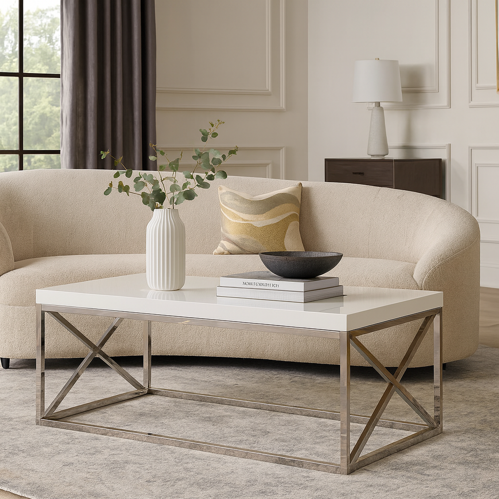 COFFEE TABLE - GLOSSY WHITE WITH CHROME METAL
