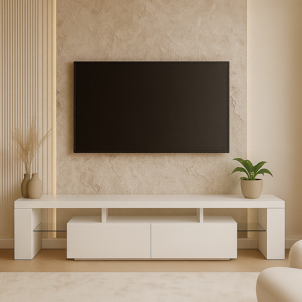 MEUBLE TV - 63"L / BLANC BRILLANT AVEC VERRE TREMPÉ