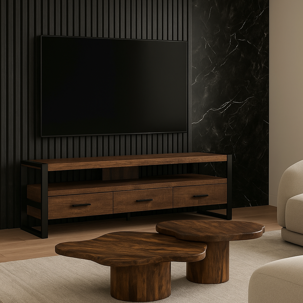 MEUBLE TV - 60"L / ASPECT BOIS RÉCUPÉRÉ BRUN / 3 TIROIRS