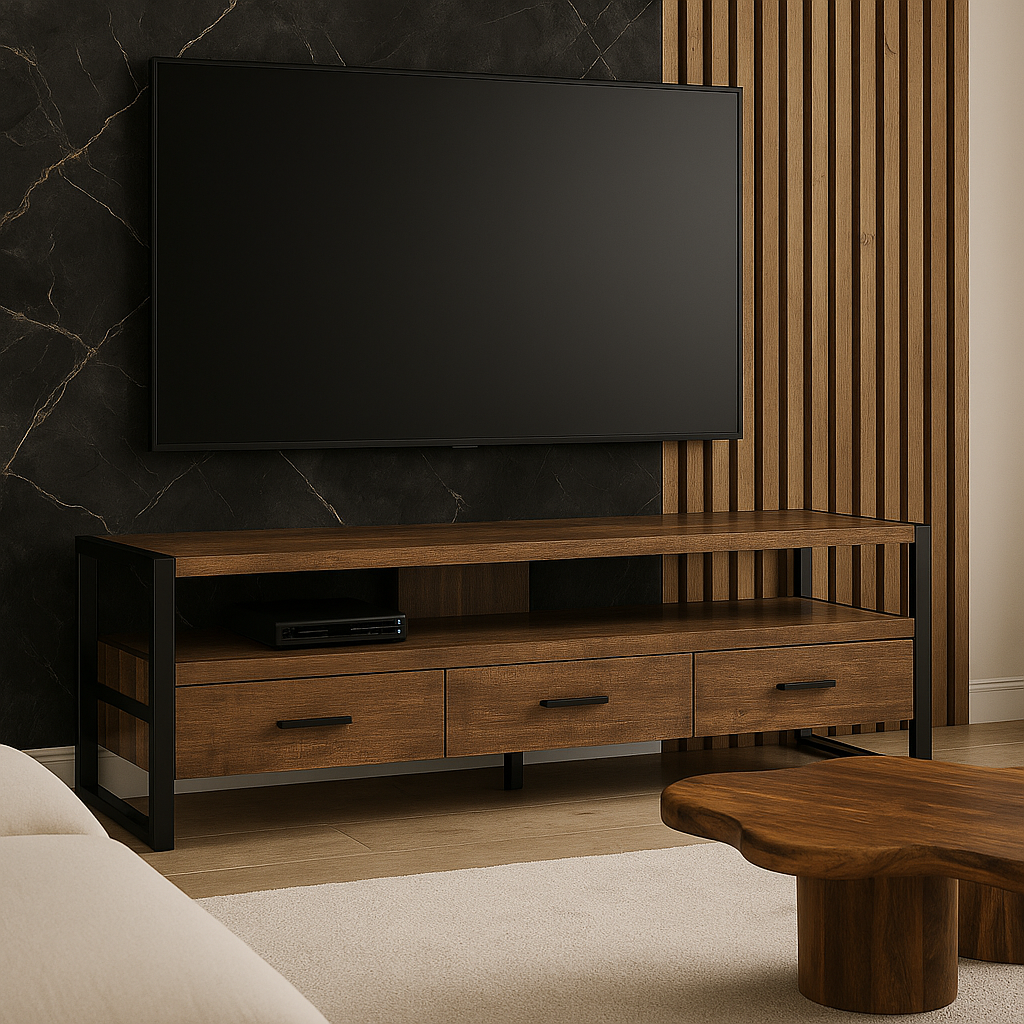 MEUBLE TV - 60"L / ASPECT BOIS RÉCUPÉRÉ BRUN / 3 TIROIRS