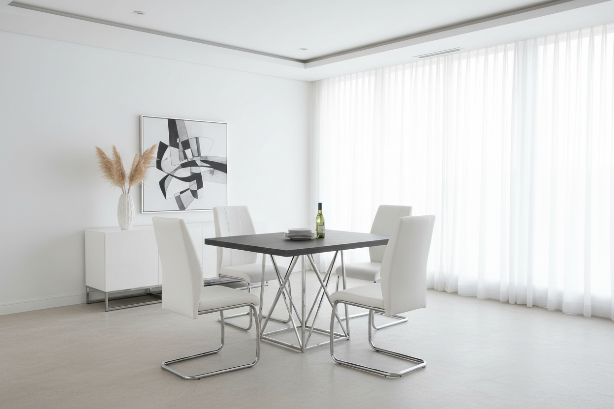 TABLE À MANGER - 91 x 122 cm / GRIS / MÉTAL CHROMÉ