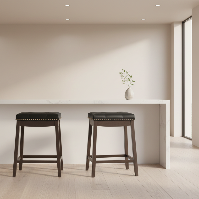 TABOURET DE BAR - 2 PIÈCES / 24"H / SIMILI CUIR NOIR / ESPRESSO