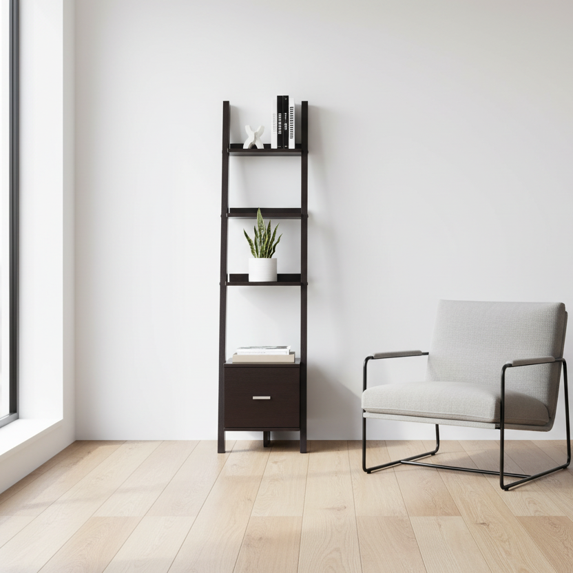 BOOKCASE - 69"H / ESPRESSO CORNER ETAGERE W/ DRAWER