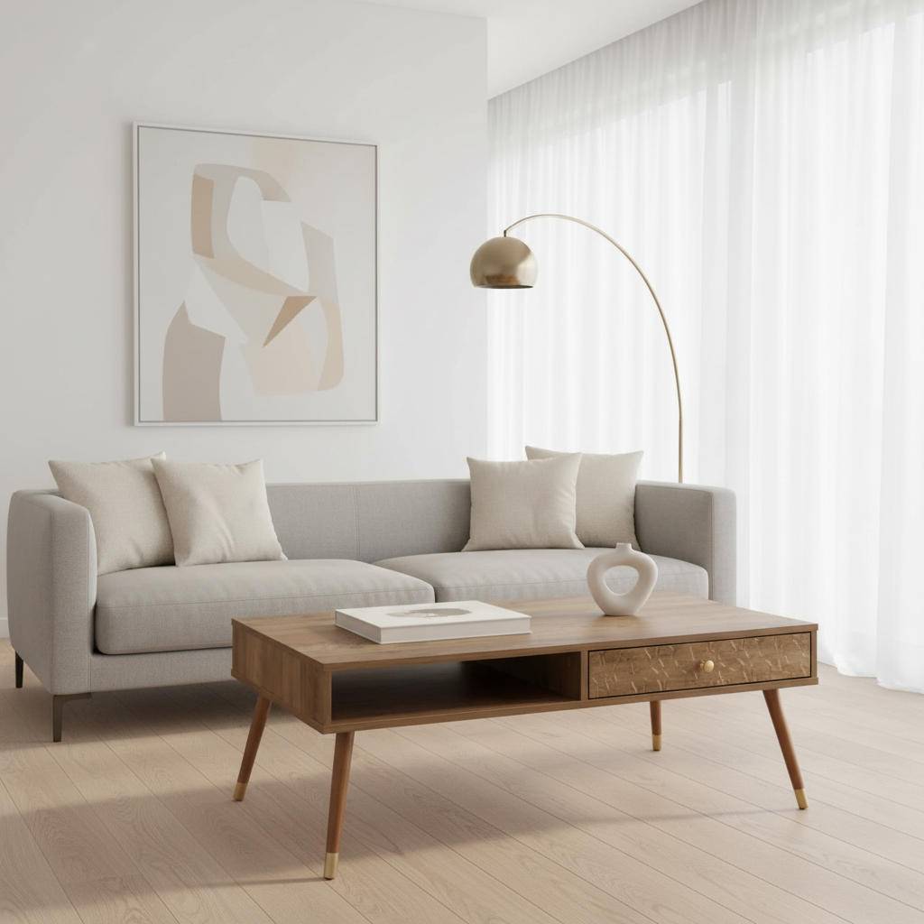 COFFEE TABLE - WALNUT MID-CENTURY WITH A DRAWER