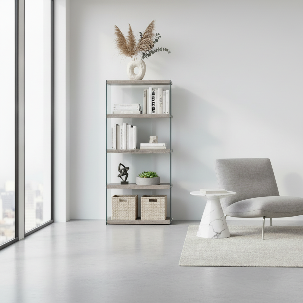 BOOKCASE - 60"H / DARK TAUPE WITH TEMPERED GLASS