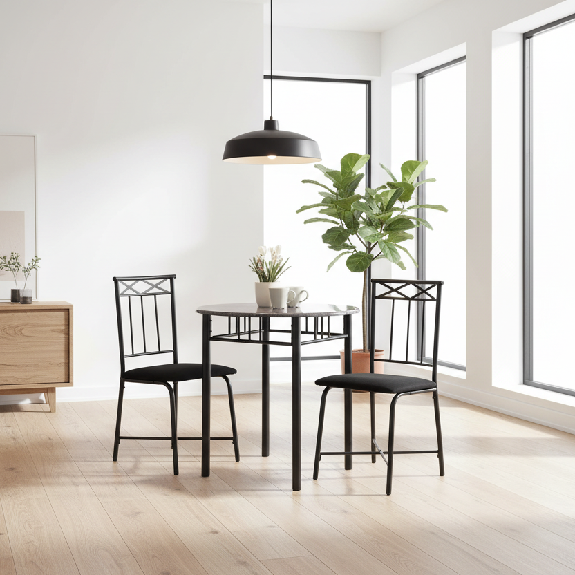 ENSEMBLE DE SALLE À MANGER - ENSEMBLE 3 PIÈCES / MARBRE GRIS / MÉTAL ANTHRACITE