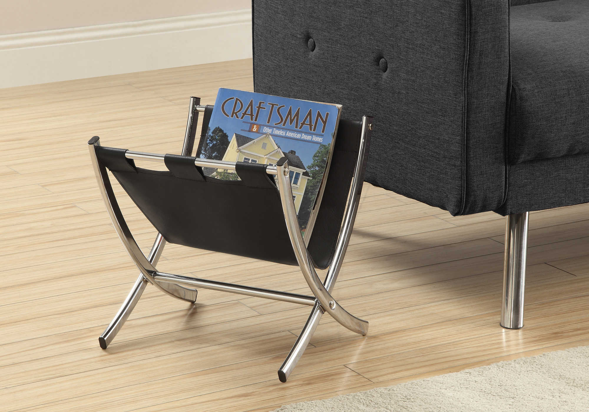 MAGAZINE RACK - BLACK LEATHER-LOOK / CHROME METAL