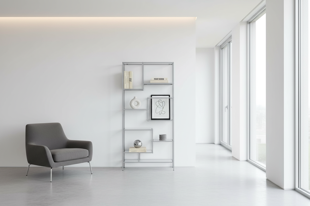 BOOKCASE - 72"H / SILVER METAL WITH TEMPERED GLASS