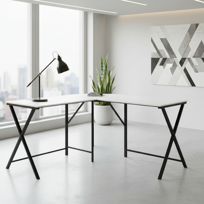 BUREAU D'ORDINATEUR - 55"L / DESSUS BLANC / COIN EN MÉTAL NOIR