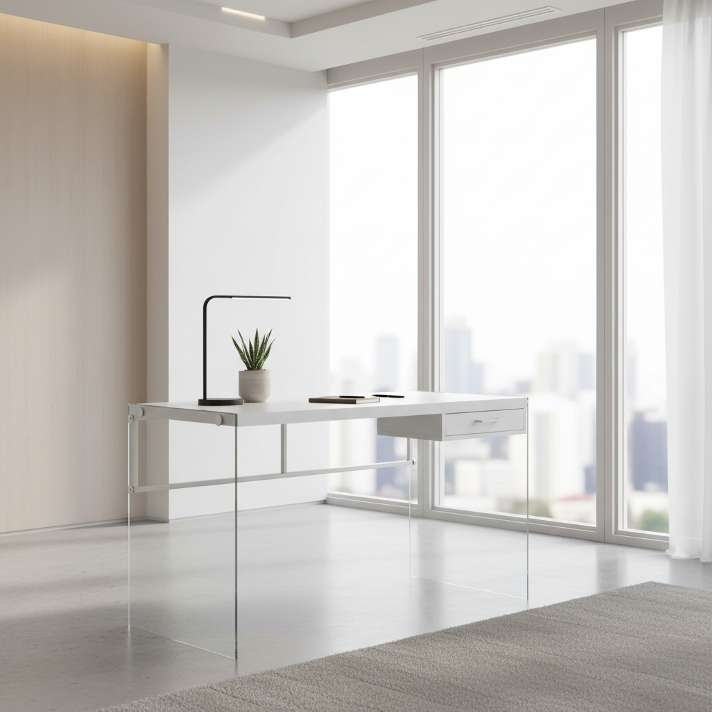 BUREAU D'ORDINATEUR - 48"L / BLANC BRILLANT / VERRE TREMPÉ