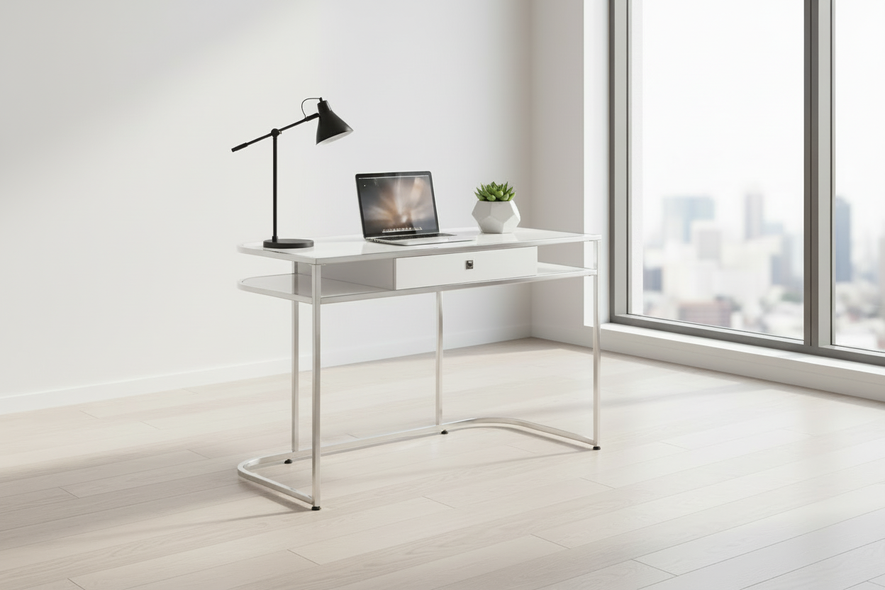 COMPUTER DESK - 48"L / GLOSSY WHITE / CHROME METAL