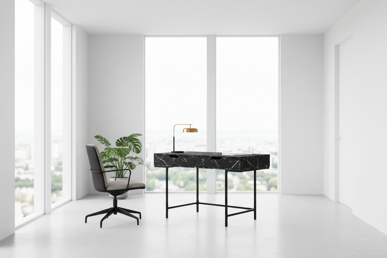 COMPUTER DESK - 48"L / BLACK MARBLE-LOOK / BLACK METAL