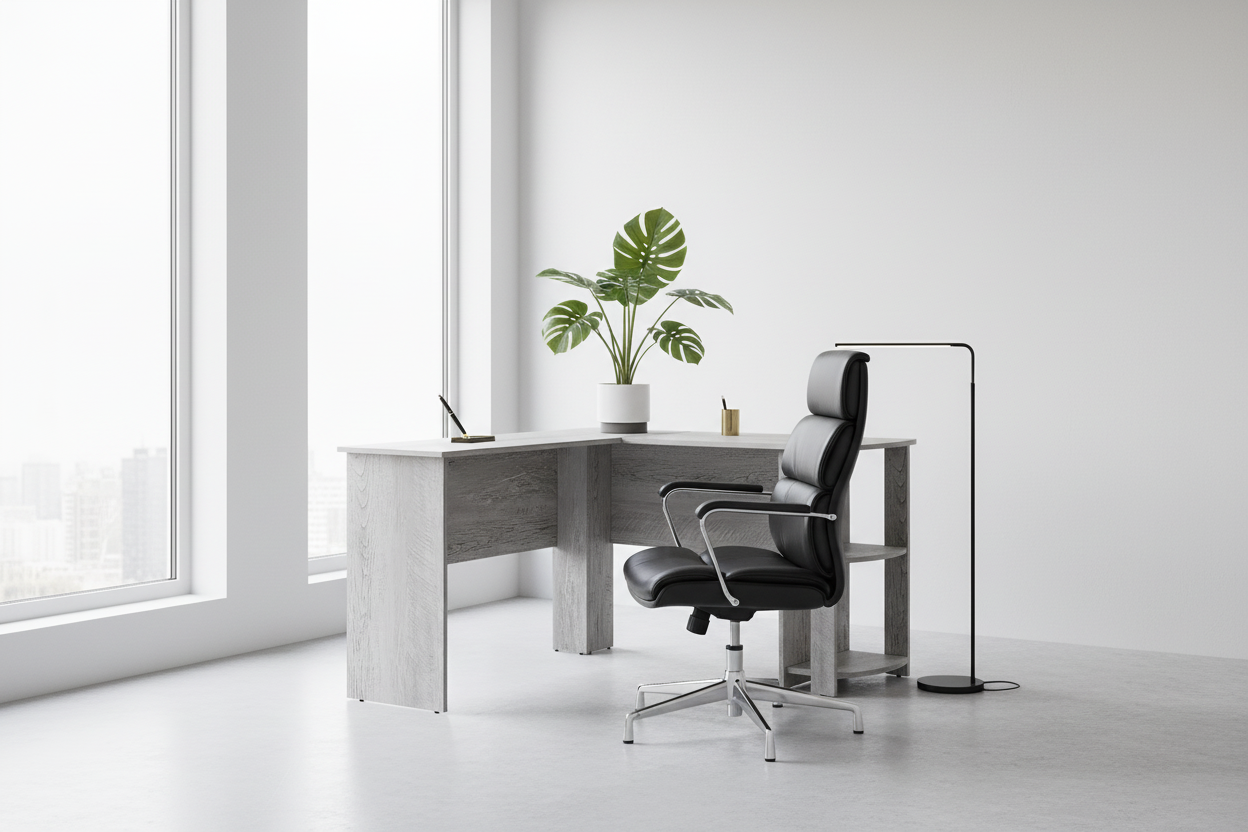 COMPUTER DESK - INDUSTRIAL GREY L-SHAPED CORNER/2 SHELVES