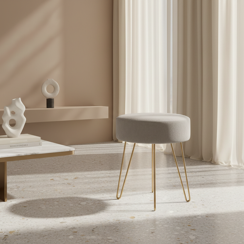 OTTOMAN - BEIGE FABRIC / GOLD METAL LEGS