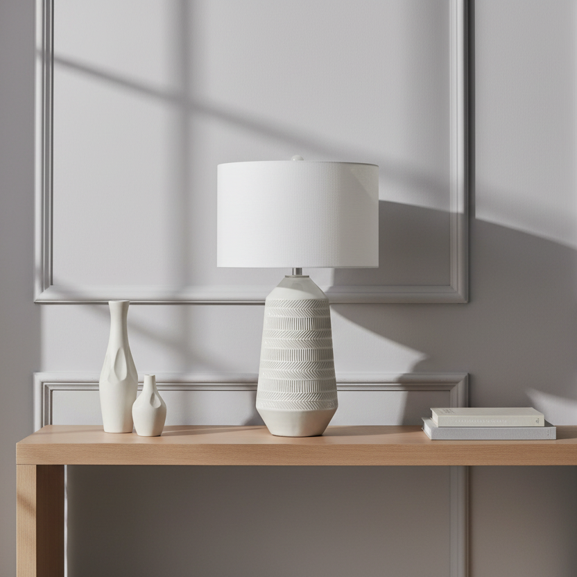 ÉCLAIRAGE - LAMPE DE TABLE 33"H ABAT-JOUR IVOIRE/CRÈME CÉRAMIQUE CRÈME