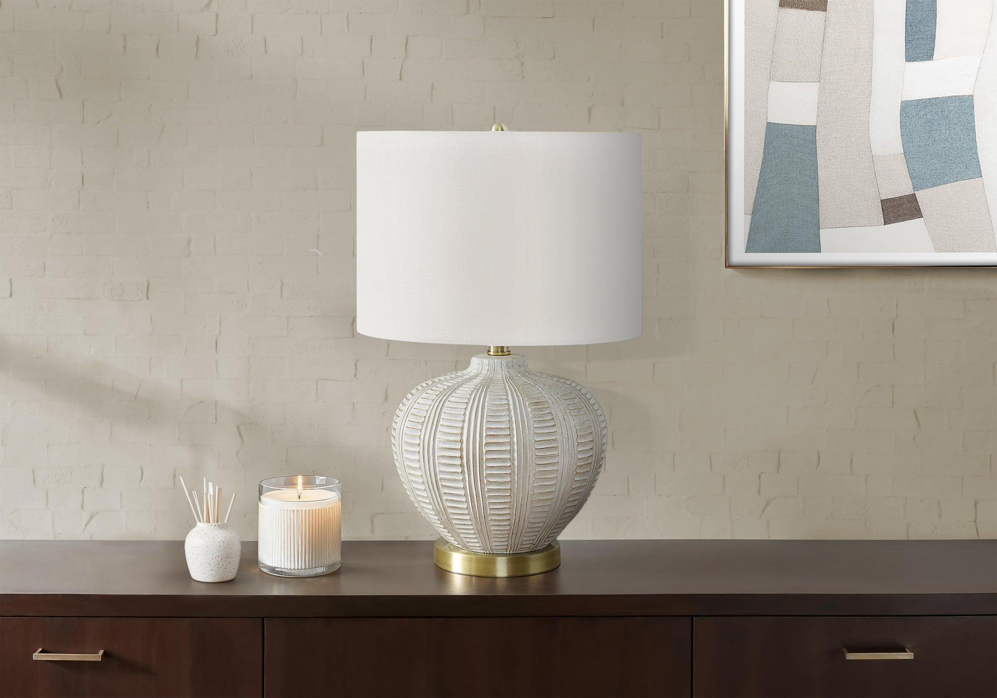 LIGHTING - 21"H TABLE LAMP IVORY / CREAM SHADE CREAM RESIN