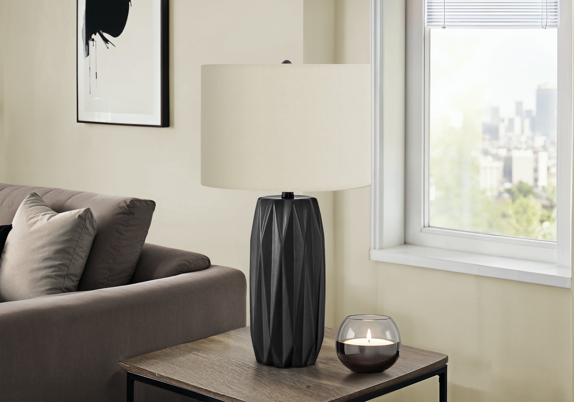 LIGHTING - 25"H TABLE LAMP BLACK CERAMIC IVORY / CREAM SHADE