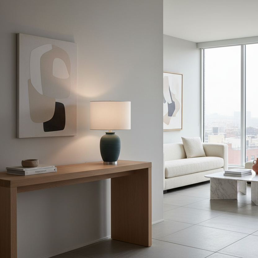 ÉCLAIRAGE - LAMPE DE TABLE 24"H EN CÉRAMIQUE BLEUE ABAT-JOUR IVOIRE / CRÈME