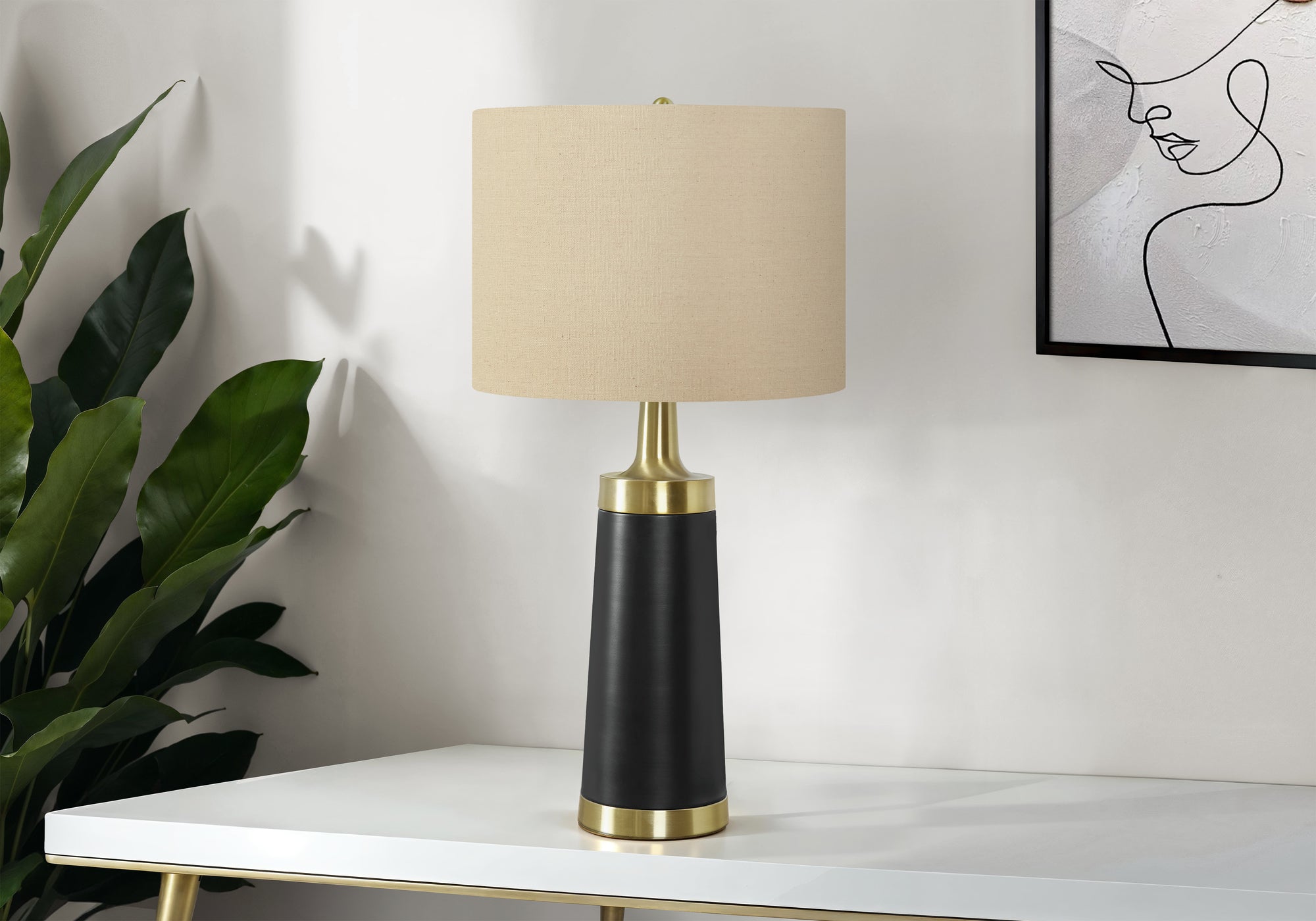LIGHTING - 28"H TABLE LAMP BLACK METAL BEIGE SHADE