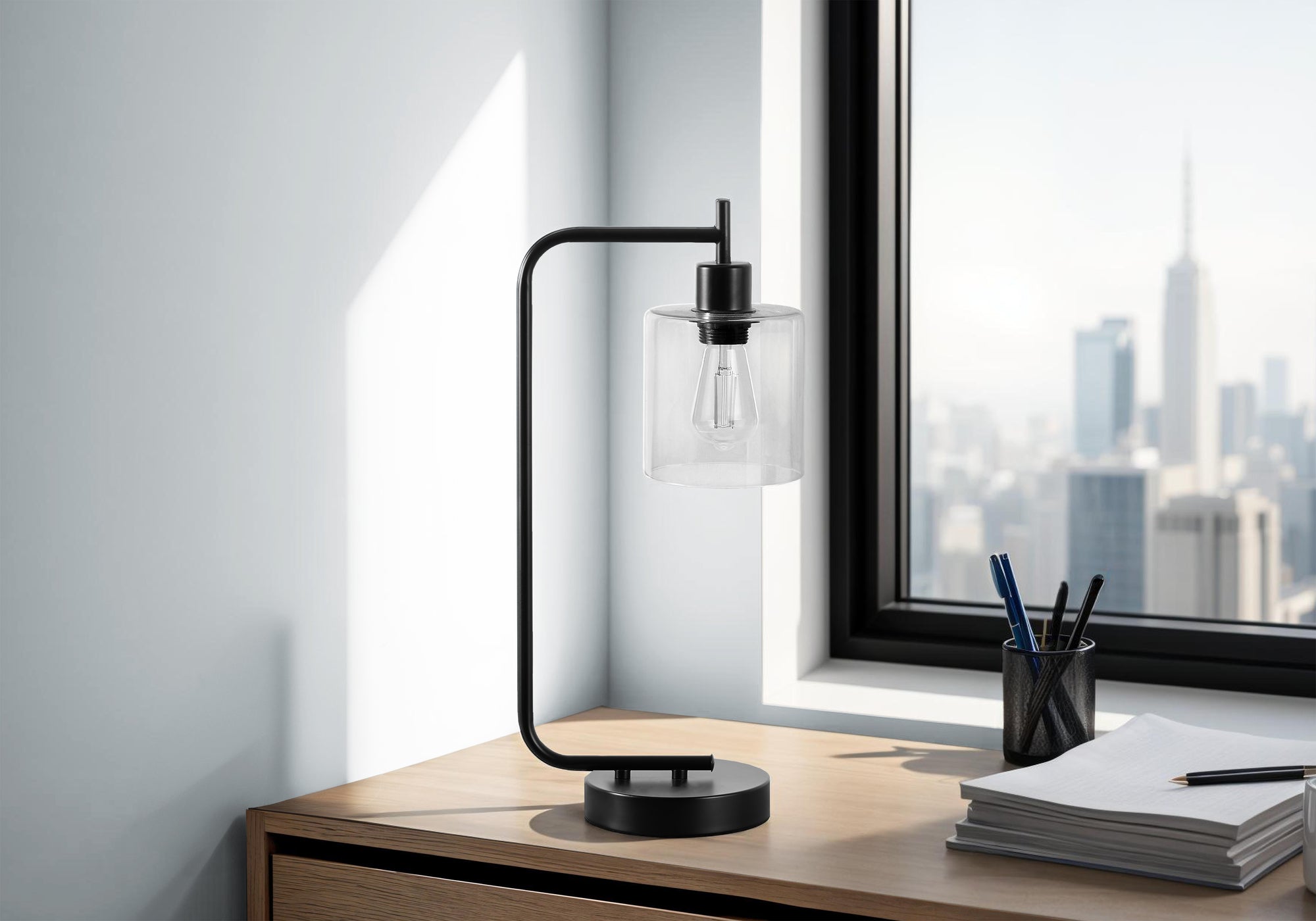 LIGHTING - 20"H TABLE LAMP USB PORT INCLUDED BLACK METAL GLASS SHADE MODERN