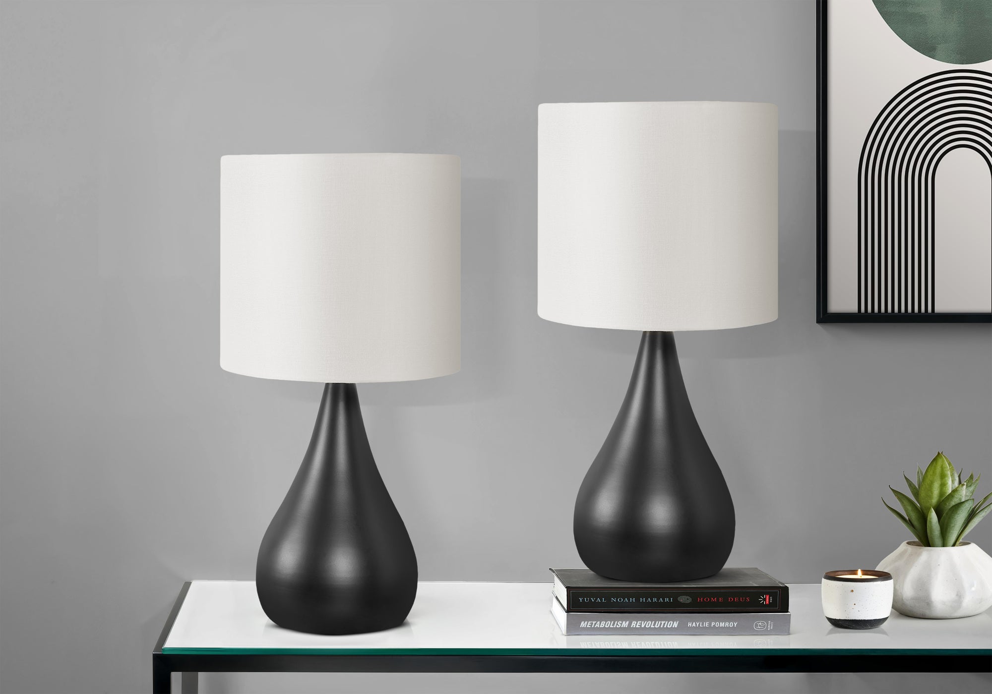 LIGHTING - SET OF 2 18"H TABLE LAMP BLACK METAL IVORY / CREAM SHADE