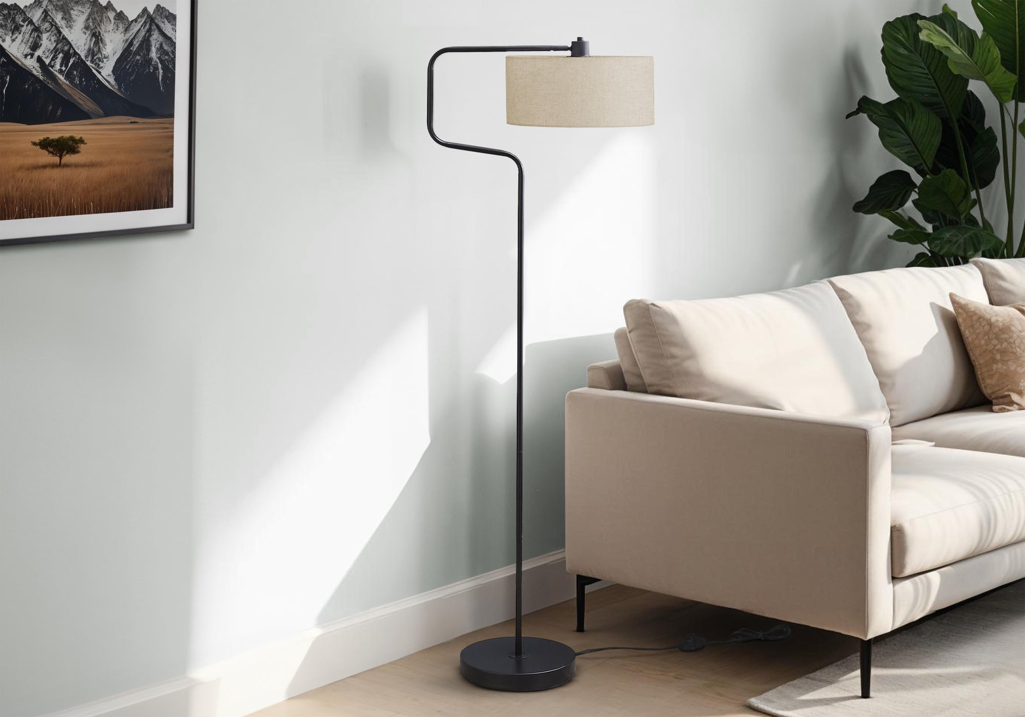 LIGHTING - 61"H FLOOR LAMP BLACK METAL BEIGE SHADE MODERN