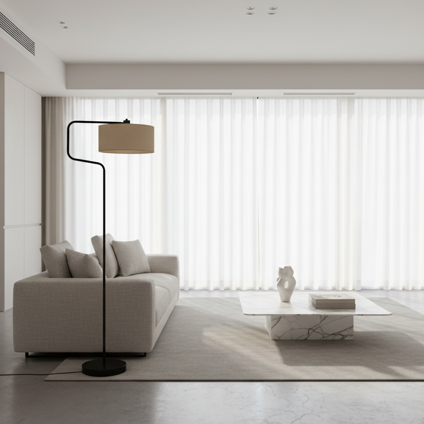 ÉCLAIRAGE - LAMPADAIRE 61"H MÉTAL NOIR ABAT-JOUR BEIGE MODERNE