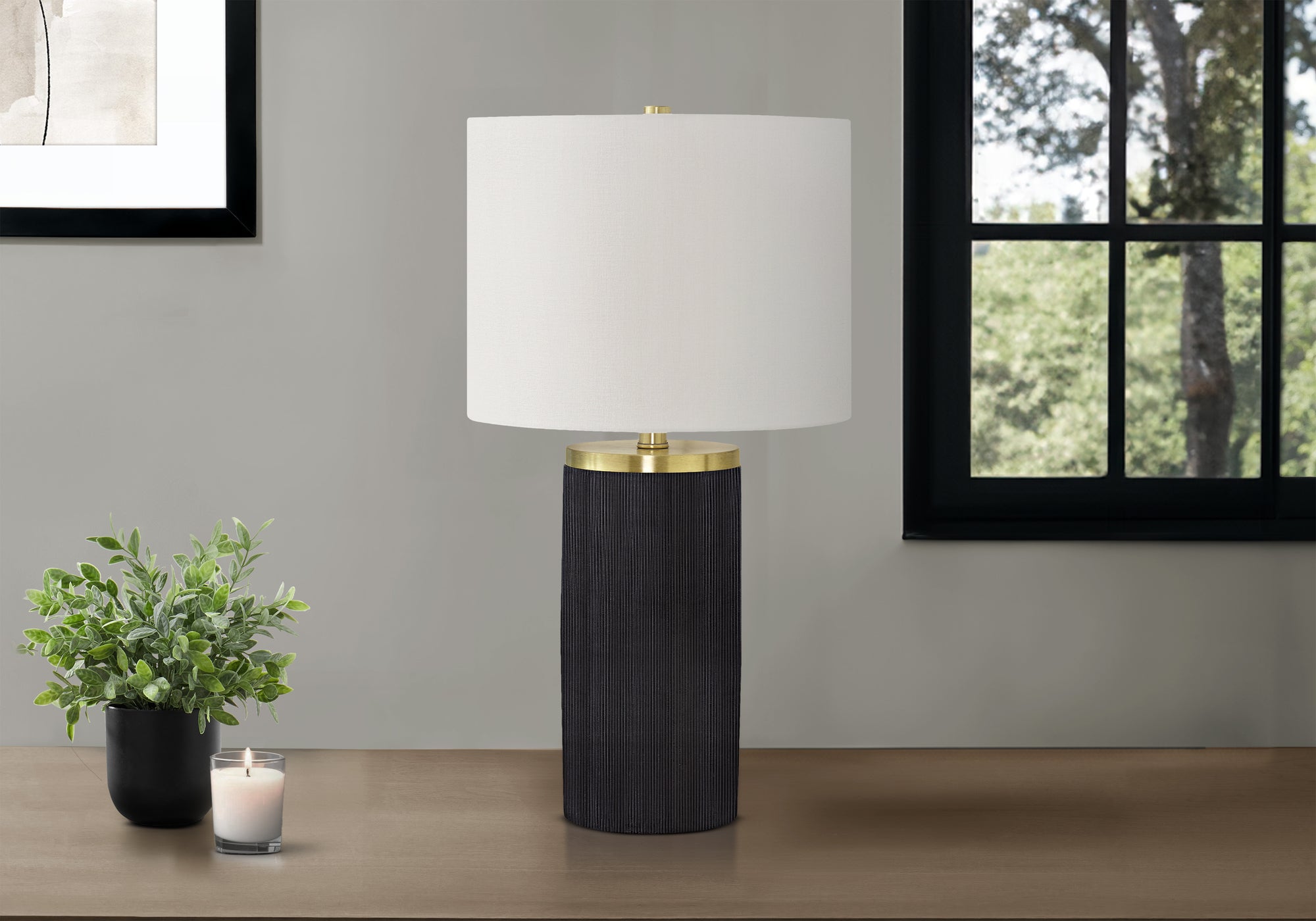 LIGHTING - 24"H TABLE LAMP BLACK CONCRETE IVORY / CREAM SHADE MODERN