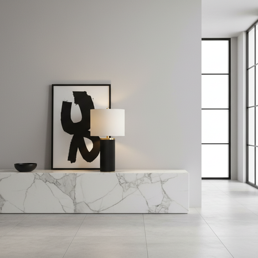 ÉCLAIRAGE - LAMPE DE TABLE 24"H BÉTON NOIR ABAT-JOUR IVOIRE / CRÈME MODERNE