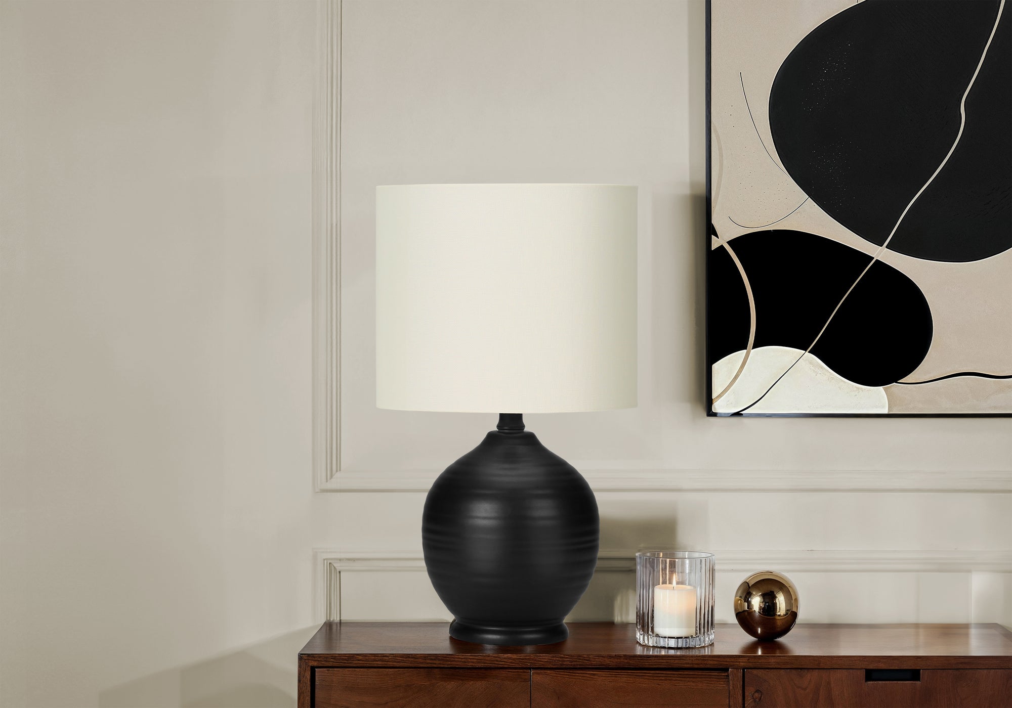 LIGHTING - 17"H TABLE LAMP BLACK CERAMIC IVORY / CREAM SHADE