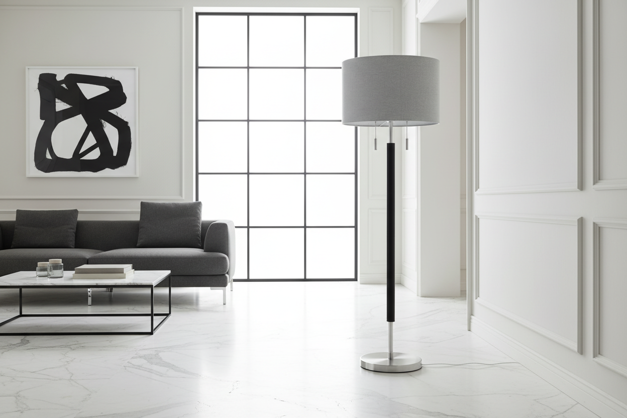 ÉCLAIRAGE - LAMPADAIRE 60"H ABAT-JOUR GRIS MÉTAL NICKEL