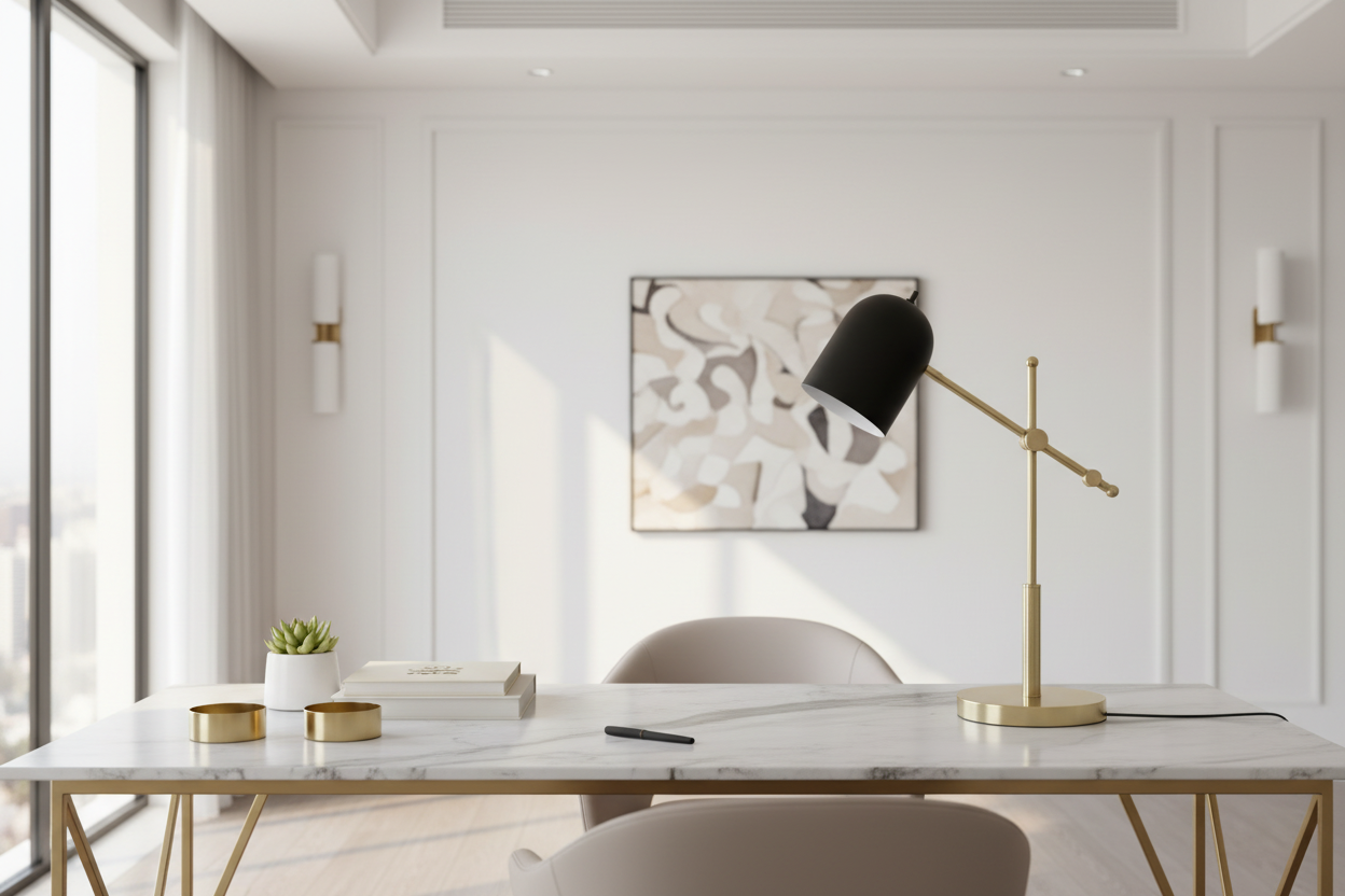 ÉCLAIRAGE - LAMPE DE TABLE 18"H EN MÉTAL LAITON ABAT-JOUR NOIR