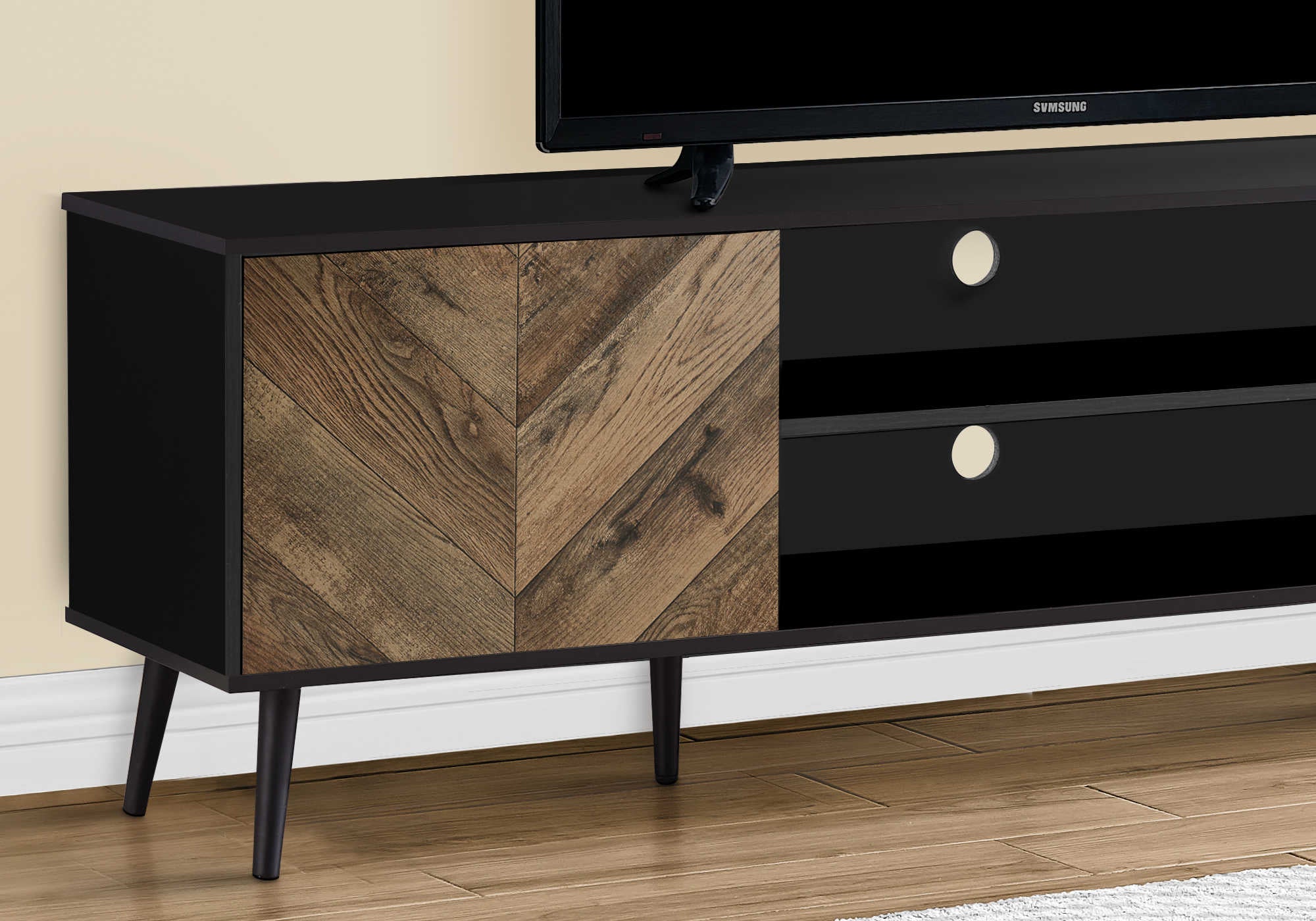 TV STAND - 72"L / BLACK WITH 2 WOOD-LOOK DOORS