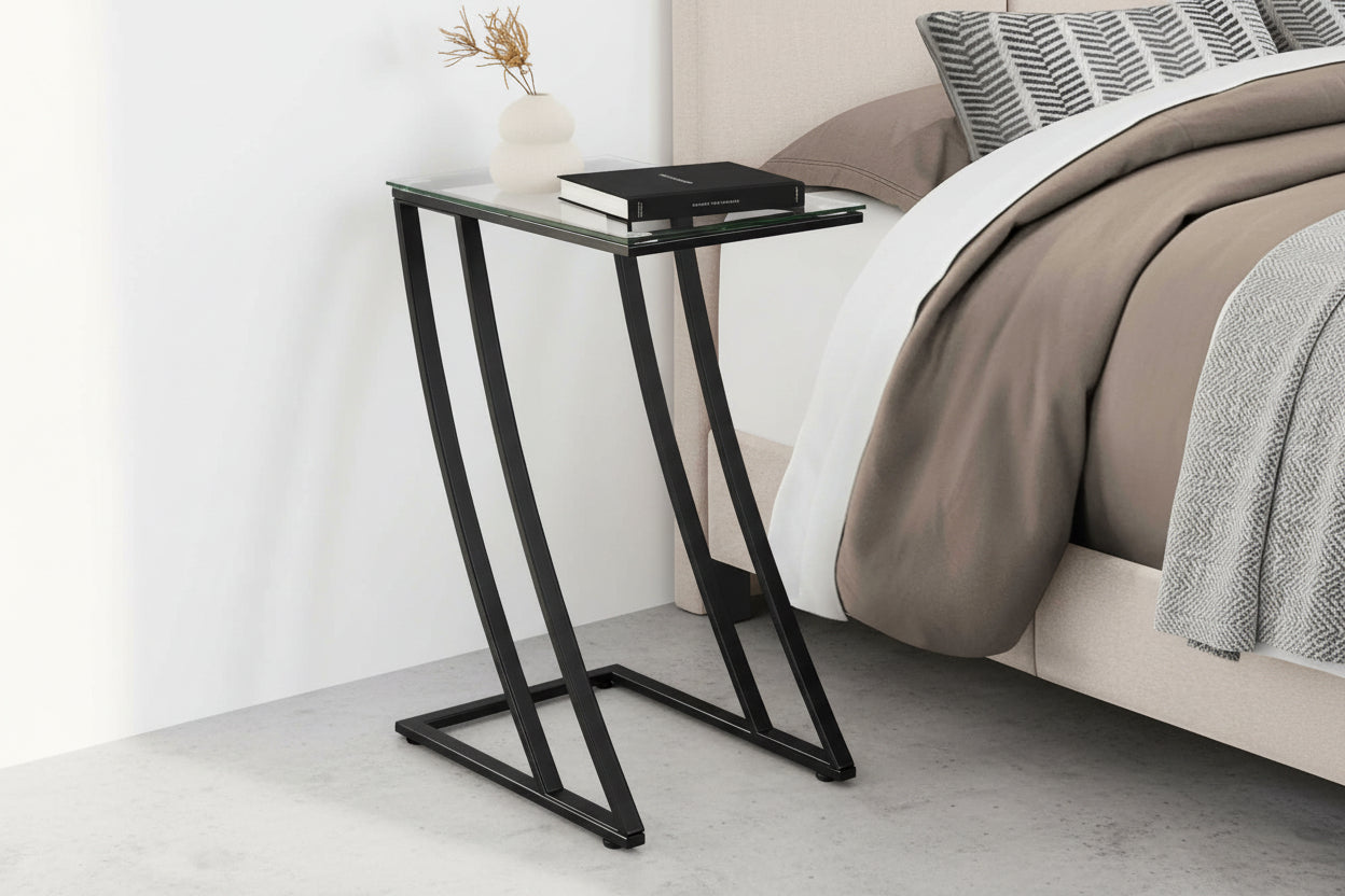 TABLE D'APPOINT - MÉTAL NOIR AVEC VERRE TREMPÉ