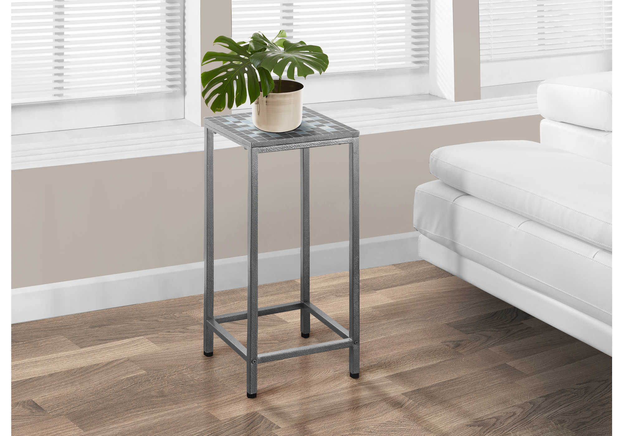 ACCENT TABLE - GREY / BLUE TILE TOP / HAMMERED SILVER